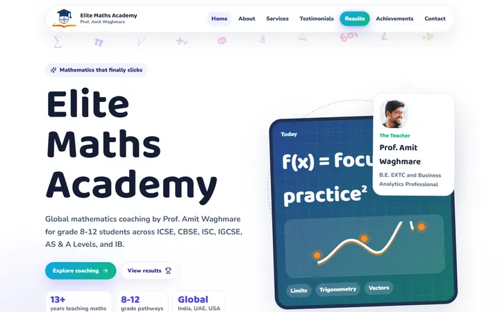 Elite Maths Academy homepage hero introducing Prof. Amit Waghmare