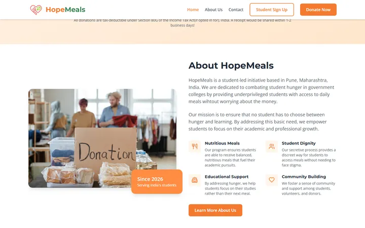 About HopeMeals section describing the student-led initiative in Pune