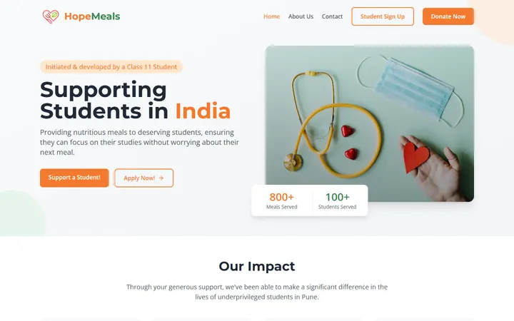 HopeMeals homepage hero: Supporting students in India, with Donate Now and Apply Now buttons